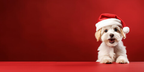 Christmas cute dog in santa hat on red background - obrazy, fototapety, plakaty