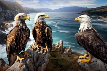 a pair of eagles on a cliff with a beautiful sea background. generative ai