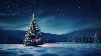 A majestic illuminated Christmas tree stands in a snowy meadow, surrounded by a dense pine forest under a starry night sky.