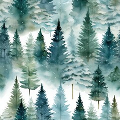 Watercolor Winter Trees Pattern. Elegant Seasonal Background for Holiday Decor and Christmas Cards. Generative AI