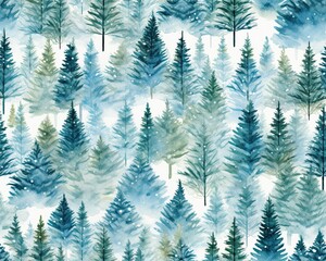 Watercolor Winter Trees Pattern. Elegant Seasonal Background for Holiday Decor and Christmas Cards. Generative AI