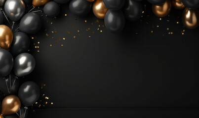 Gold and black balloons background for a celebration party. Copy space for text. Event banner - obrazy, fototapety, plakaty