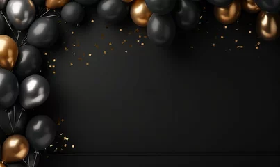 Fototapeten Gold and black balloons background for a celebration party. Copy space for text. Event banner © ink drop