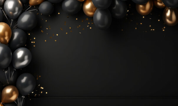 Gold and black balloons background for a celebration party. Copy space for text. Event banner