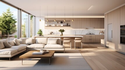 A modern minimalist home interior design with clean lines, sleek furniture, and neutral color palette, featuring an open-concept living space connected to a spacious kitchen, bathed in natural light 