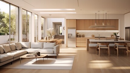 Fototapeta premium A modern minimalist home interior design with clean lines, sleek furniture, and neutral color palette, featuring an open-concept living space connected to a spacious kitchen, bathed in natural light 