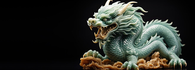 Black banner with raditional jade chinese dragon figurine for new 2024 year