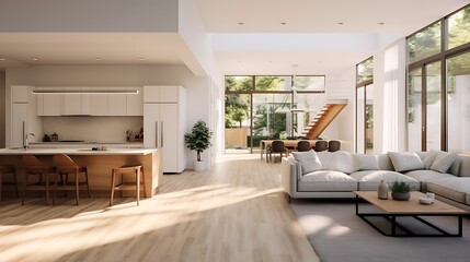 A modern minimalist home interior design with clean lines, sleek furniture, and neutral color palette, featuring an open-concept living space connected to a spacious kitchen, bathed in natural light 