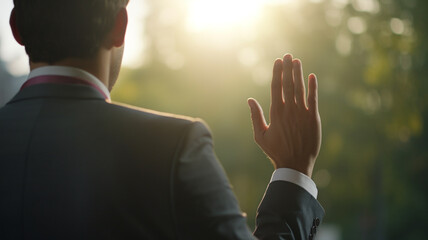 Young male politician raising his hand to swear