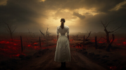 The back of a nurse standing in the middle of a war - obrazy, fototapety, plakaty