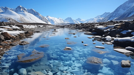 Fototapeta na wymiar Glacial Meltwater Stream: Clear, cold meltwater streaming down from a glacier, surrounded by rocks and pristine wilderness