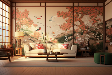 Japanese style room decoration architecture, relaxing room with family sofa - Powered by Adobe