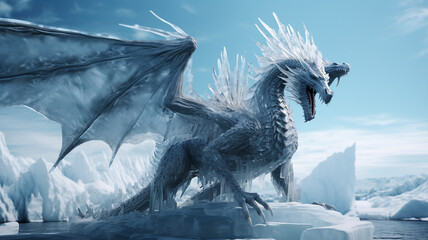 Blue frost giant dragon with scales on winter background - obrazy, fototapety, plakaty