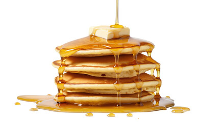 a stack of delicious pancakes with melting butter and maple syrup on transparent background - obrazy, fototapety, plakaty