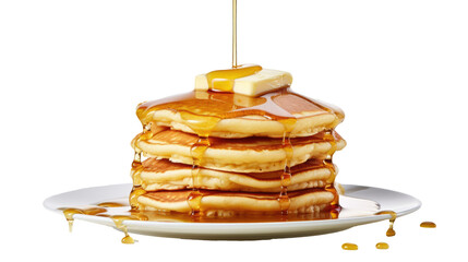 a stack of delicious pancakes with melting butter and maple syrup on transparent background