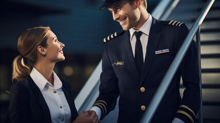 Male pilot and a female flight attendant are smiling and having a conversation on the tarmac, with a commercial airplane in the background. - obrazy, fototapety, plakaty