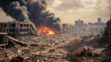 A city in the Middle East that was destroyed by an aerial bomb explosion with buildings collapsing everywhere and thick smoke billowing