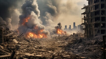 A city in the Middle East that was destroyed by an aerial bomb explosion with buildings collapsing everywhere and thick smoke billowing