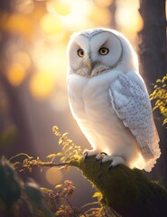 Cute fluffy white owl, beautiful Backlight, early september morning, wildlife photo, National Geographic, multidimensional layering, magical vibe