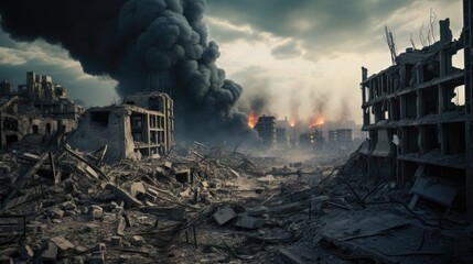 A city in the Middle East that was destroyed by an aerial bomb explosion with buildings collapsing everywhere and thick smoke billowing
