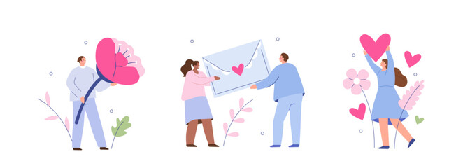Valentine's Day illustrations set. Happy characters celebrating 14 February. Couple of lovers holdings love letter, valentines and hearts. Seasonal holiday concept. Vector illustration.