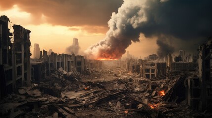A city in the Middle East that was destroyed by an aerial bomb explosion with buildings collapsing everywhere and thick smoke billowing