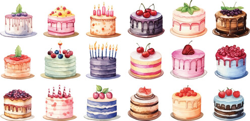 Set of watercolor birthday cakes on white background.