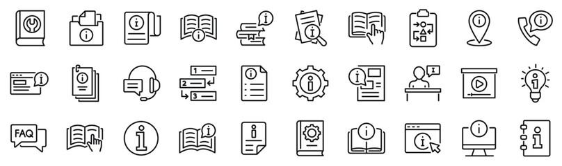Set of 30 outline icons related to info, guide, information, instructions. Linear icon collection. Editable stroke. Vector illustration - obrazy, fototapety, plakaty