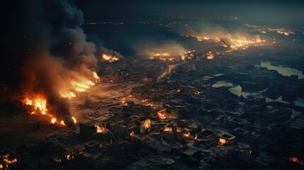 Aerial view of a city in the Middle East destroyed by an aerial bomb explosion with thick smoke billowing