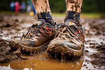 A pair of trail running shoes is covered in mud, situated at the finish line of a grueling obstacle course, symbolizing victory and endurance. - obrazy, fototapety, plakaty