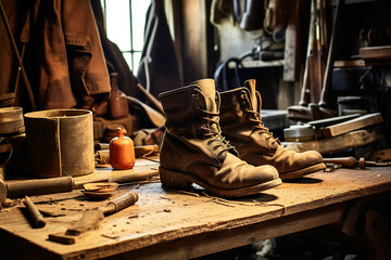 A pair of vintage leather boots sits on a wooden cobbler's workbench, surrounded by tools and materials for repair and restoration - Powered by Adobe