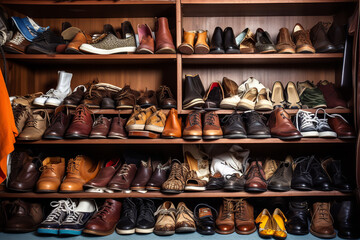 A family closet is shown with a cluttered pile of various types of shoes including sneakers, heels, and boots, suggesting a busy household - Powered by Adobe