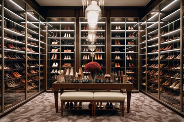 A well-lit shoe closet emphasizes a collection of luxury designer brands, revealing the owner's penchant for high fashion - obrazy, fototapety, plakaty