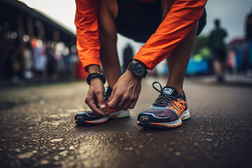 A close-up of an athlete's hands tying the laces of her running shoes, preparing to participate in a marathon race