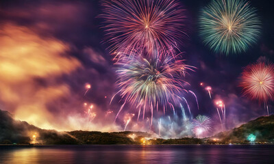 Fototapeta na wymiar fireworks over the tropical island