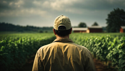 Rear view of farmer on hopfield, farm worker growing hop on plantation, generative ai illustration - obrazy, fototapety, plakaty