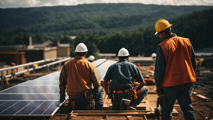 Construction workers installing solar panels on site, generative ai illustration