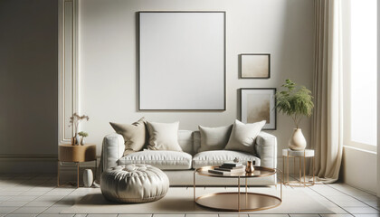 Chic living room close-up, mock-up poster frame, minimalist white wall, luxurious couch, designer coffee table, tasteful decor.
