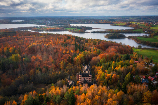 Castle in Lapalice, surrounded by Kashubian forests and lakes at autumn, Poland