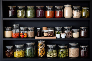 Organised Pantry Items, Non Perishable Food Staples, Healthy Eatings, Fruits, Vegetables And Preserved Foods In Jars On Kitchen Shelf, aesthetic look - obrazy, fototapety, plakaty