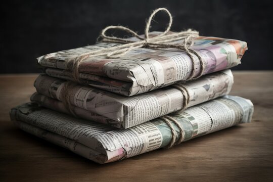 Stack wrapped books newspaper cover. Novel decor white craft. Generate Ai