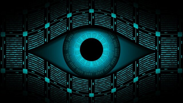 Electronic blue eye futuristic technology background - blocks of binary code arranged in stylized shape of an eye on black background - 3D Illustration