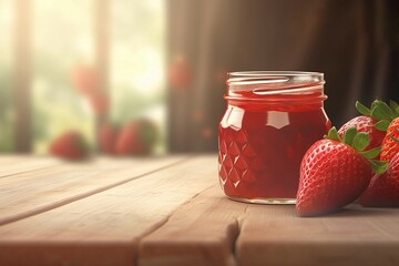 Strawberry jam glass jar. Summer fruit preserve sweet jelly dessert. Generate Ai - obrazy, fototapety, plakaty
