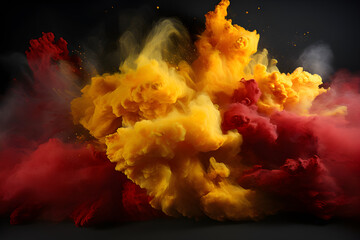 Explosions of various colored powders. Colorful Spanish flag black red yellow color holi paint powder explosion. Colorful smoke spread throughout area. Background Abstract Texture.