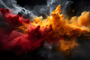 Paint powder explosion on black background. Background Abstract Texture. Colorful Spanish flag black, red, yellow color Holi. Colorful smoke spread throughout area.	
