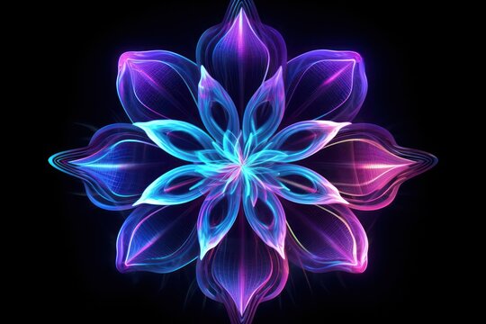 Futuristic flower , neon light glow blossom wireframe, background.
