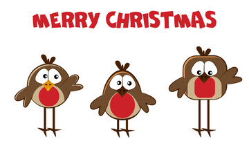 Three cute little bullfinchs. In cartoon style New Years bird. Isolated on a white background.