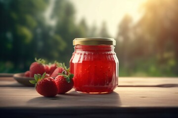 Strawberry jam glass jar at outdoor table. Natural food nutrition winter preserve. Generate Ai