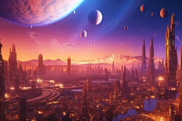 Future fantasy city in night lights with galaxy planets in sky, fantasy realistic background.