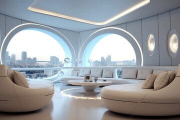 Future house with cozy sofa and glass decoration.